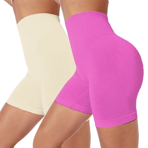GAI YI 2-Pack Biker Shorts for Women, Anti-Chafing Workout Shorts - Multiple Colors ，Rose Red+Beige， Size S