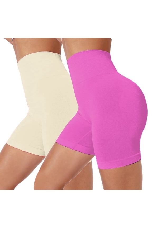2-Pack Biker Shorts for Women, Anti-Chafing Workout Shorts - Multiple Colors ,Rose Red+Beige, Size S