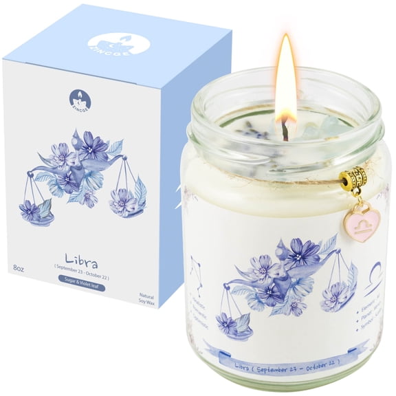 ZINCGE Libra Gifts for Women, Libra Candle, Zodiac Crystal Candle Gifts, Astrology Birthday Gifts Natural Soy Violets Scented Candle with Flowers and Lazurite Spirit Gifts for Mom Sister Friends C113