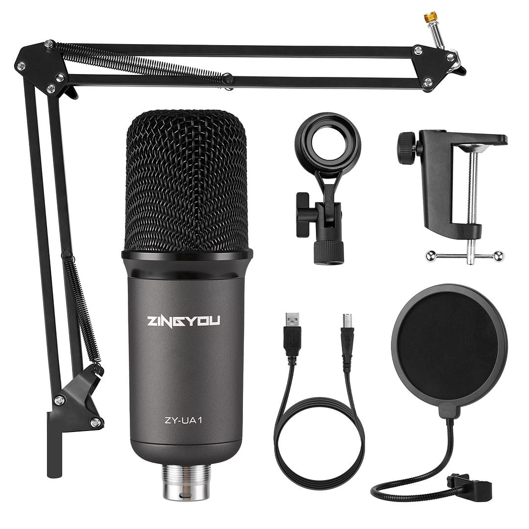 ZINGYOU USB Microphone for Computer, Condenser Desktop Mic Plug & Play with  Mic Gain, Mute Button and Headphone Port for PC Recording, Gaming