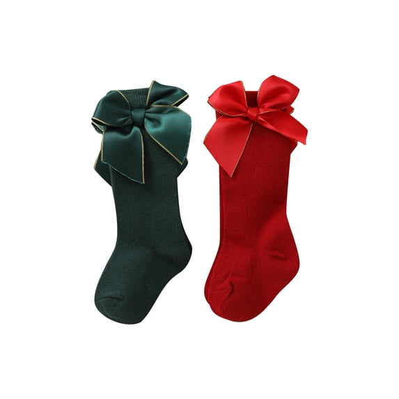 ZINTAOZT 2 Pairs Baby Girls Christmas Knee High Socks Bow Tube Ruffled Knit Socks Cotton Long Stockings for Toddlers