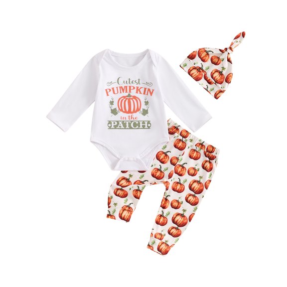 ZINTAOZT Baby Boy Girl First Halloween Outfit Pumpkin Long Sleeve Romper Pants Hat Set 3Pcs Cute Fall Winter Clothes
