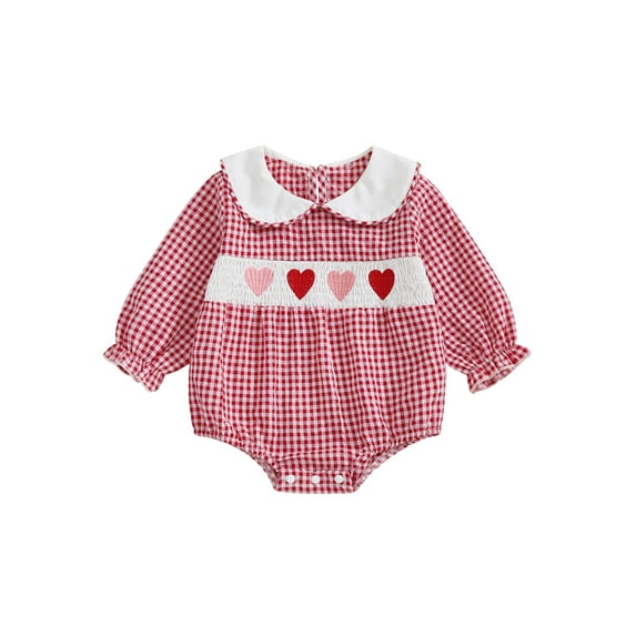 ZINTAOZT Baby Girl Valentine Outfit Plaid Romper Heart Embroidery Doll Collar Long Sleeve Bodysuit Spring Clothes 0-2T