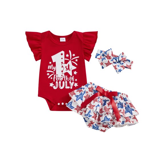 ZINTAOZT Baby Girls My 1st 4th of July Summer Outfits, Fly Sleeve Letters Romper Stars Bloomers Skirt Shorts Hairband Set