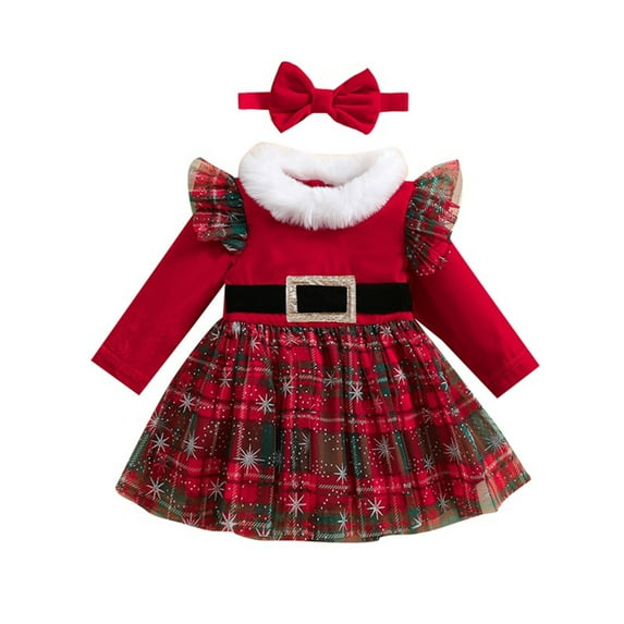 ZINTAOZT Infant Baby Girl 2Pcs Christmas Outfits Fur Trim Long Sleeve Tulle Dress + Headband Set Velvet Clothes