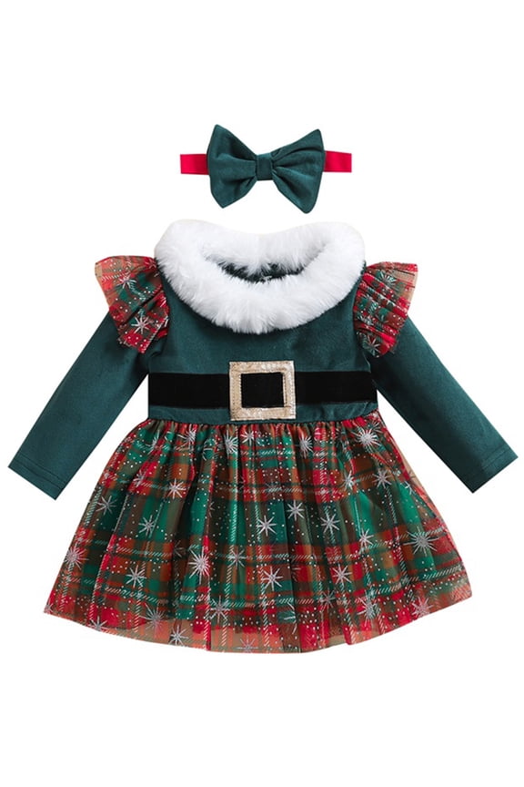 Infant Baby Girl 2Pcs Christmas Outfits Fur Trim Long Sleeve Tulle Dress + Headband Set Velvet Clothes