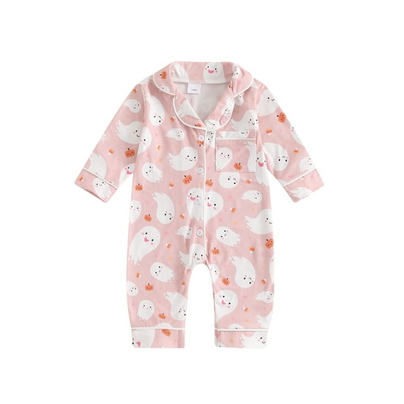 ZINTAOZT Infant Baby Girl Halloween Pajamas Ghost/Pumpkin Print Romper Long Sleeve Button Jumpsuit One Piece Fall Clothes