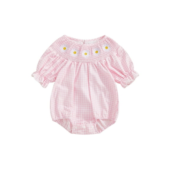 ZINTAOZT Infant Baby Girls Plaid Bubble Romper Short Sleeve Daisy Embroidery Smocked Bodysuit 0-2Years Summer Clothes