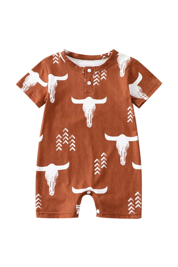 Newborn Baby Boy Summer Jumpsuit Cow Head Print Short Sleeve Romper One-Piece Bodysuit Outfit 0-24 Months