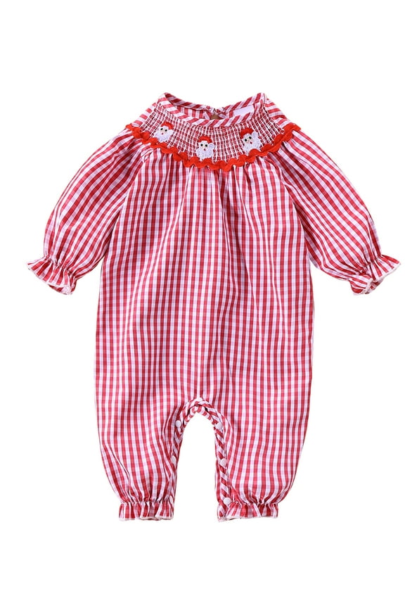 Newborn Baby Girl Christmas Smocked Romper Santa Plaid Print Jumpsuit Long Sleeve Puff Playsuit Xmas Outfit