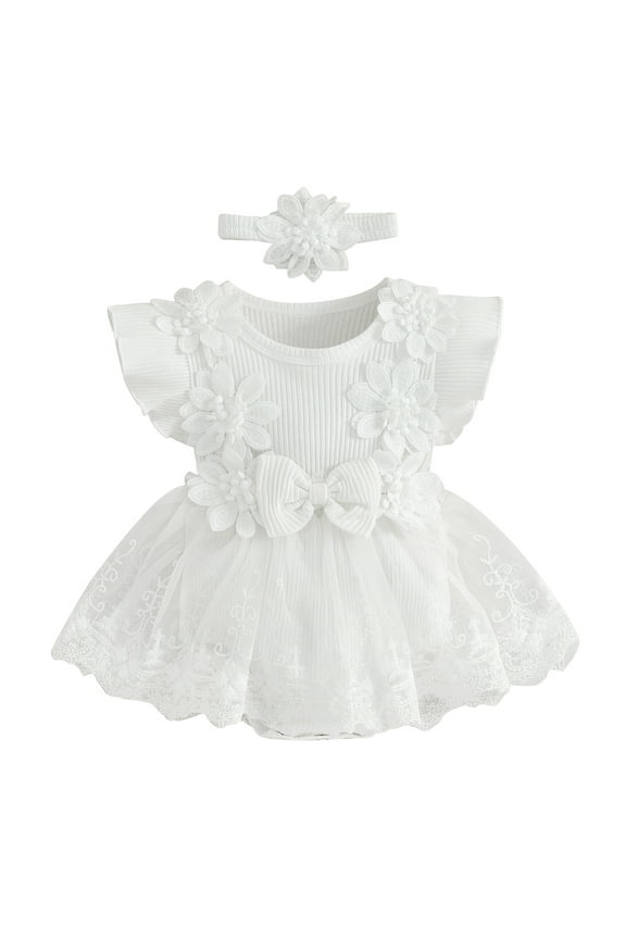 Newborn Baby Girl Romper Dress Outfits Flower Mesh Lace Ruffle Jumpsuit Dress Headband Cute Summer Clothes