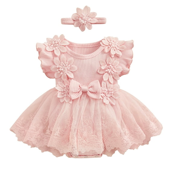 ZINTAOZT Newborn Baby Girl Romper Dress Outfits Flower Mesh Lace Ruffle Jumpsuit Dress Headband Cute Summer Clothes