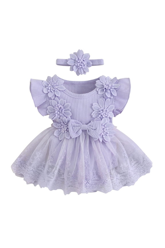 Newborn Baby Girl Romper Dress Outfits Flower Mesh Lace Ruffle Jumpsuit Dress Headband Cute Summer Clothes