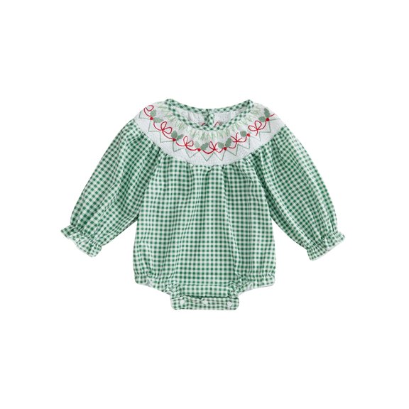 ZINTAOZT Newborn Baby Girls Christmas Clothes Plaid Bubble Romper Long Sleeve Smocked Jumpsuit One Piece Bodysuit Outfit