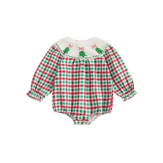 ZINTAOZT Newborn Baby Girls Christmas Clothes Plaid Bubble Romper Long Sleeve Smocked Jumpsuit One Piece Bodysuit Outfit