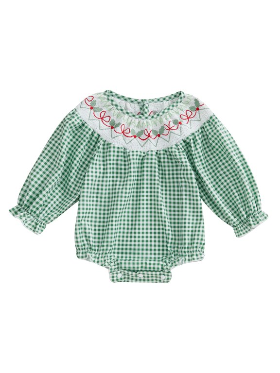 Newborn Baby Girls Christmas Clothes Plaid Bubble Romper Long Sleeve Smocked Jumpsuit One Piece Bodysuit Outfit
