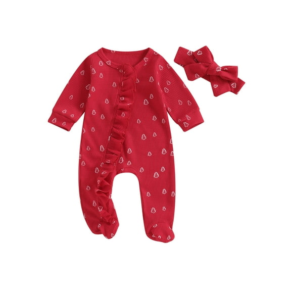 ZINTAOZT Newborn Baby Girls Christmas Outfit Tree Print Ruffle Footies Romper Long Sleeve Zipper Jumpsuit Headband Set