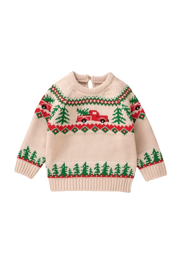 Toddler Baby Boy Christmas Knit Sweaters Long Sleeve Truck Tree Print Pullovers Sweatshirt Infant Jumper Tops