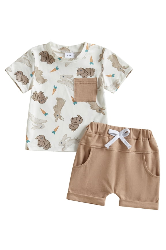 Toddler Baby Boys Easter Outfit Short Sleeve Bunny Print Pocket T-shirts Solid Shorts Sets Summer Clothes