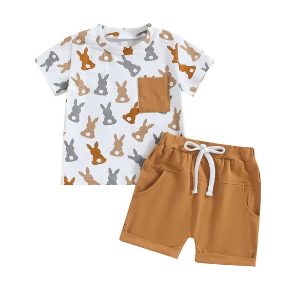 ZINTAOZT Toddler Baby Boys Easter Outfit Short Sleeve Bunny Print Pocket T-shirts Solid Shorts Sets Summer Clothes