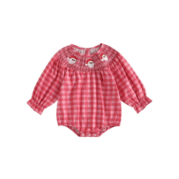 ZINTAOZT Toddler Baby Girl Christmas Plaid Smocked Romper Long Sleeve Embroidery Bubble Jumpsuit Bodysuit Xmas Clothes