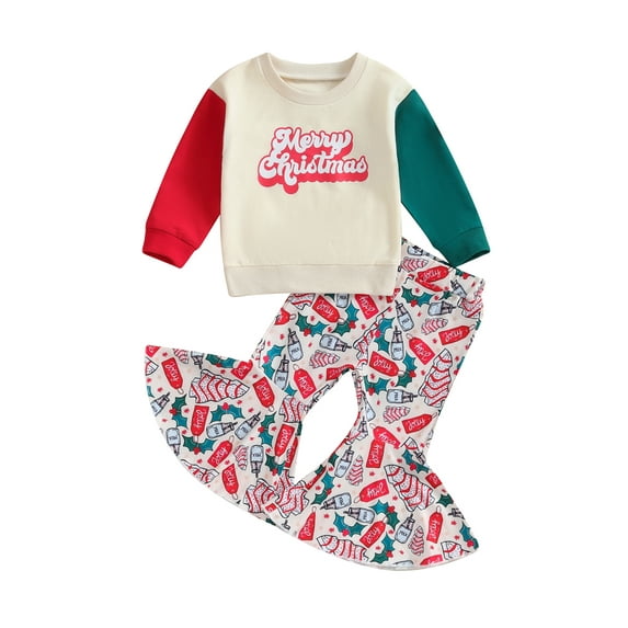 ZINTAOZT Toddler Baby Girl Fall Winter Clothes Letter Sweatshirt Top Stripe Bell Bottoms Pants Set Christmas Outfits