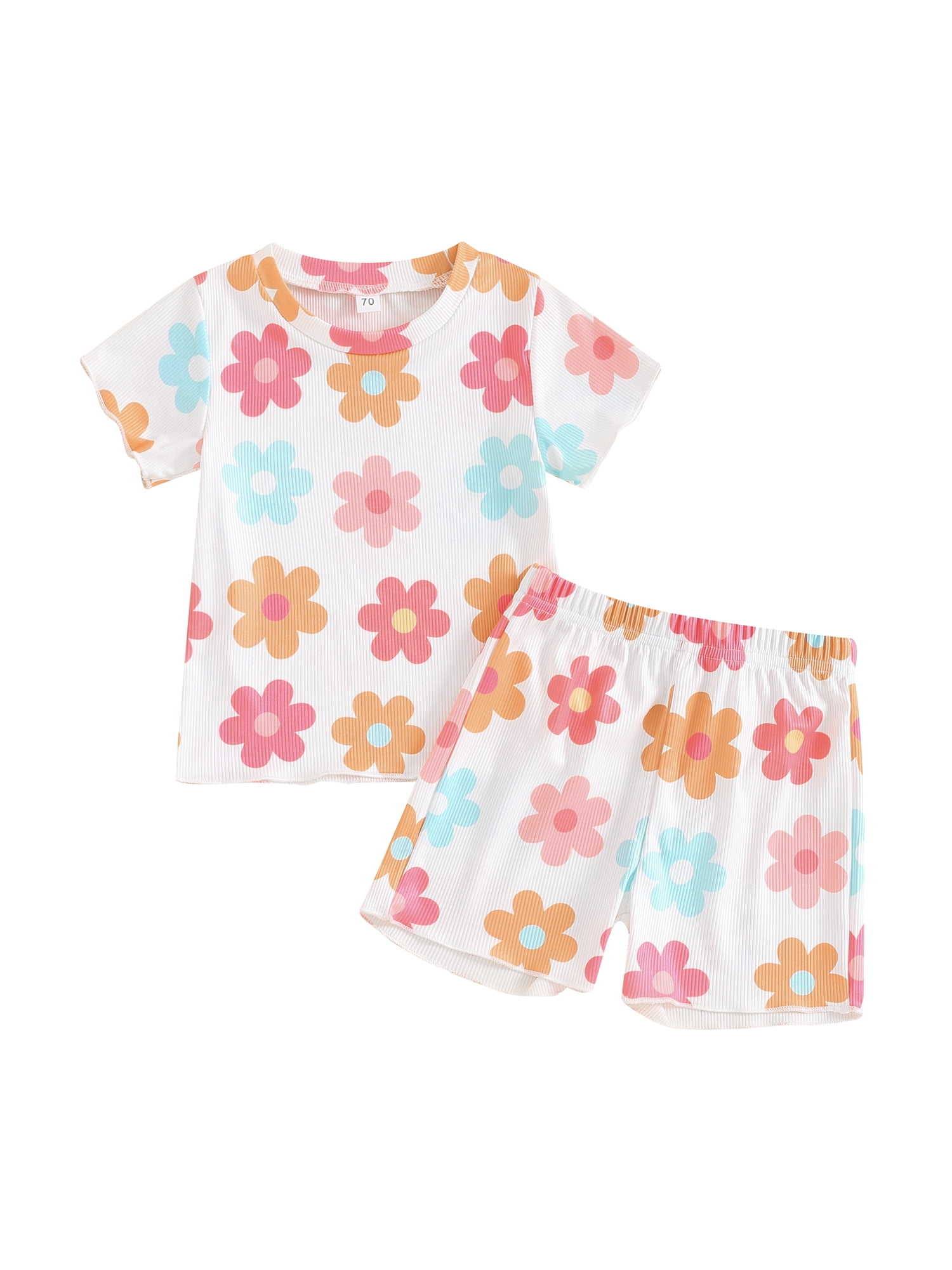 Summer Baby Kids Girls Short Sleeves Solid Color Top and Teddy Pattern Overalls Clothing Set