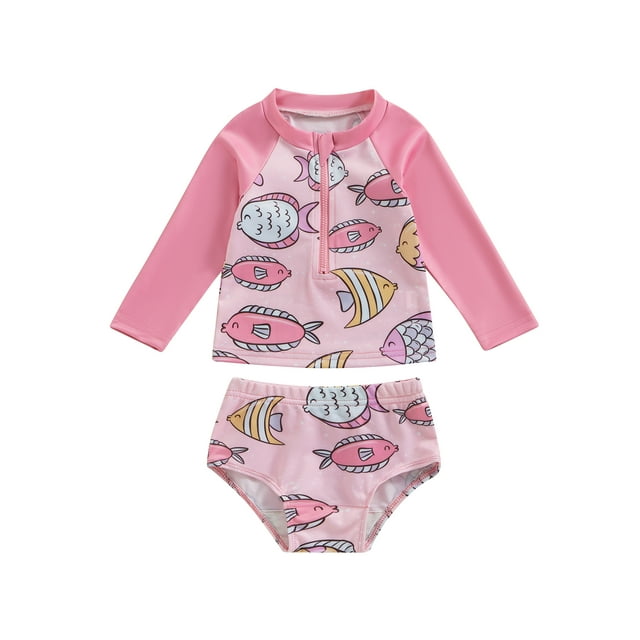 ZINTAOZT Toddler Baby Girl Swimsuit Long Sleeve Zipper Rash Guard Set Fish/Shell Tops Bottoms Bathing Suit Beach Swim Wear