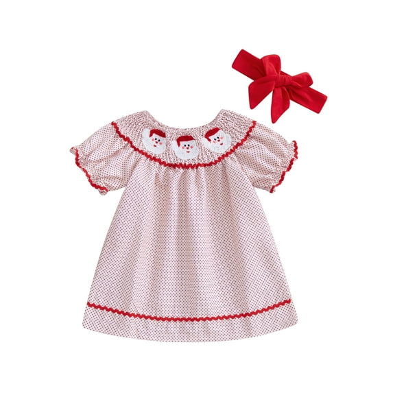 ZINTAOZT Toddler Baby Girls Christmas Bishop Dress Santa Embroidery Short Sleeve Smocked Dress with Headband 6M-3T
