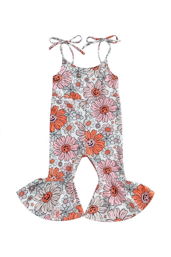 Toddler Baby Girls Halloween Jumpsuit Flower/Pumpkin Sleeveless Tie-up Bell-Bottoms Romper Outfit Fall Clothes