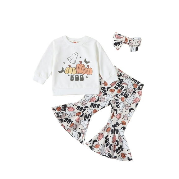 ZINTAOZT Toddler Baby Girls Halloween Outfits Letters Pumpkin Sweatshirt Print Flare Pants Set 3Pcs Fall Winter Clothes
