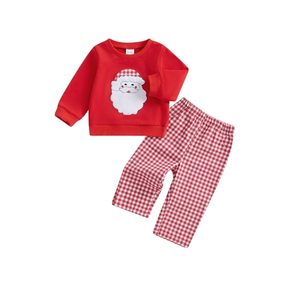 ZINTAOZT Toddler Girl Boy Christmas Outfits Santa Claus/Tree Embroidery Long Sleeve Sweatshirt   Plaid Pants Set 6M-4T