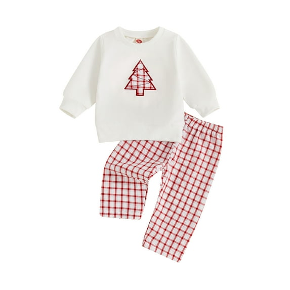 ZINTAOZT Toddler Girl Boy Christmas Outfits Santa Claus/Tree Embroidery Long Sleeve Sweatshirt + Plaid Pants Set 6M-4T