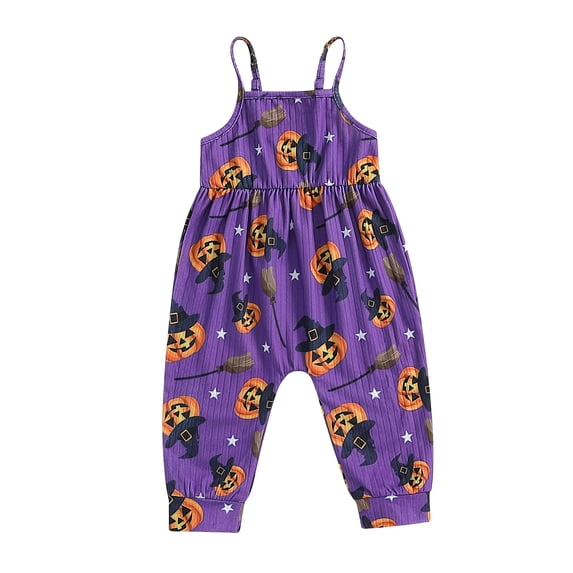 ZINTAOZT Toddler Girl Jumpsuit Baby Halloween Clothes Ghost/Pumpkin Print Sleeveless One Piece Strap Romper 6M-3T