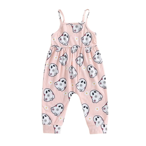 ZINTAOZT Toddler Girl Jumpsuit Baby Halloween Clothes Ghost/Pumpkin Print Sleeveless One Piece Strap Romper 6M-3T