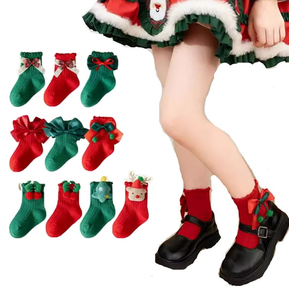 ZINTAOZT Toddler Girls Christmas Socks Cute 3D Antler Bow Tree Crew Socks Soft Cotton Socks Kids Baby Christmas Gift