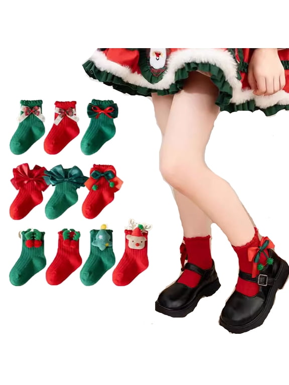 Toddler Girls Christmas Socks Cute 3D Antler Bow Tree Crew Socks Soft Cotton Socks Kids Baby Christmas Gift