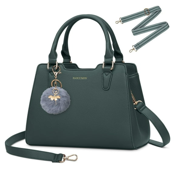 ZINTVVD Fashion Crossbody Purses and Handbags for Women PU Leather Designer Tote Top Handle Satchel Shoulder Bags with Cute Pompom-Dark Green