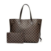 BUTIED ZINTVVD Womens Checkered Tote Shoulder Bag with inner pouch - PU Vegan Leather Shoulder Satchel Fashion Bags -Brown