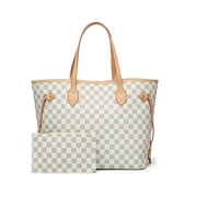 ZINTVVD Womens Checkered Tote Shoulder Bag with inner pouch - PU Vegan Leather Shoulder Satchel Fashion Bags -Cream checkered