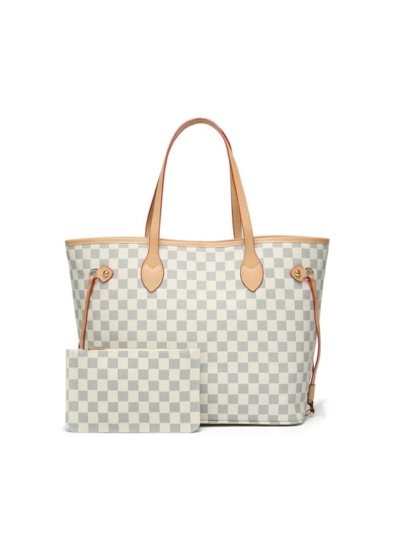 ZINTVVD Womens Checkered Tote Shoulder Bag with inner pouch - PU Vegan Leather&nbsp;Shoulder Satchel Fashion Bags -Cream checkered