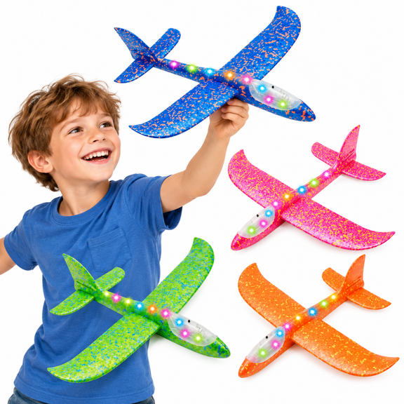 ZIOBLW 4-Piece LED Light-Up Foam Airplane Toy Set - Kids' Glider, 2 Flight Modes, Outdoor Night Flying Toy, Perfect for Backyard and Park Activities, A Great Gift for Boys and Girls Aged 3 and Up.