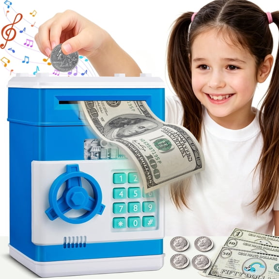 ZIOBLW Blue Kids ATM Electronic Piggy Bank, 4-Digit Password Lock Money Safe with Automatic Bill Feeder, Ages 5-10