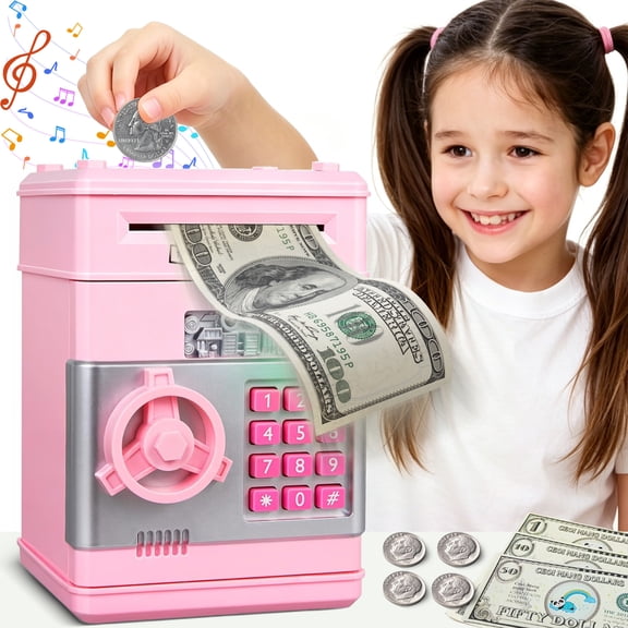 ZIOBLW Pink Kids ATM Electronic Piggy Bank, 4-Digit Password Lock Money Safe with Automatic Bill Feeder, Ages 5-10