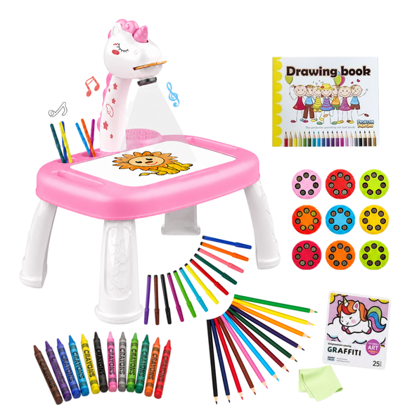 ZIOBLW Kids Drawing Projector Table, Unicorn Art and Craft Set, suitable for girls aged 3-5, includes colored pencils, crayons, colored pencils, drawing materials, and a projector tray