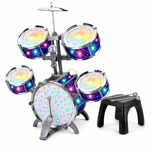 ZIOBLW Kids Drum Set with Light Effects, Space Theme Electronic Drum Toy with Stool, Drumsticks and Microphone, Interactive Musical Instrument Toy for Boys and Girls Ages 3+