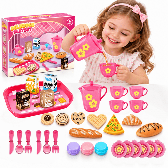 ZIOBLW 33-Piece Kids Kitchen Playset, Pink Tea Party Pretend Play Set with Play Food, Teapot, Cups, Plates, Utensils & Tray, Ages 3 