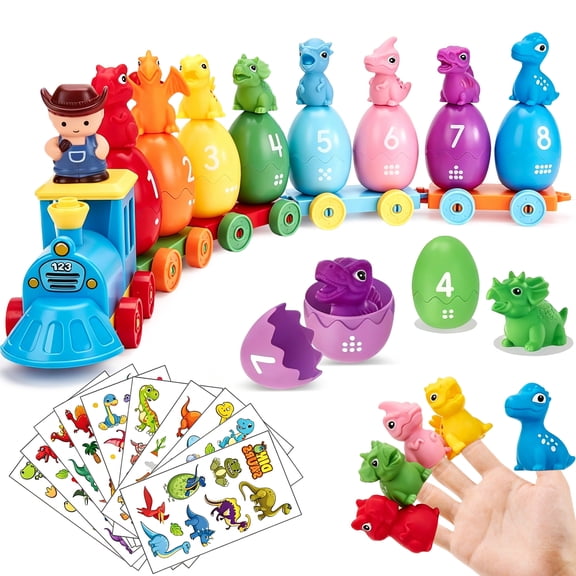 The ZIOBLW Montessori Dinosaur Egg Train Toy Set includes a counting number matching toy and color sorting eggs, making it an ideal early education toy for children 18 months and older.