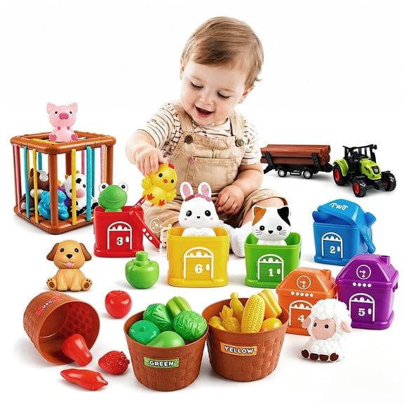 ZIOBLW Montessori Toddler Toy 1-3, 4-in-1 Farm Learning Toy Set with Animals, Fruits & Vegetables, Sensory Bin Cube, Stacking Blocks & Trucks for Fine Motor Skills