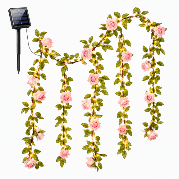 ZIOBLW Solar 50 LED Rose String Lights 16.4FT, Warm White Flower Vine Fairy Lights 8 Modes Outdoor Waterproof Garden Fence Patio Balcony Wedding Party Valentine Decor